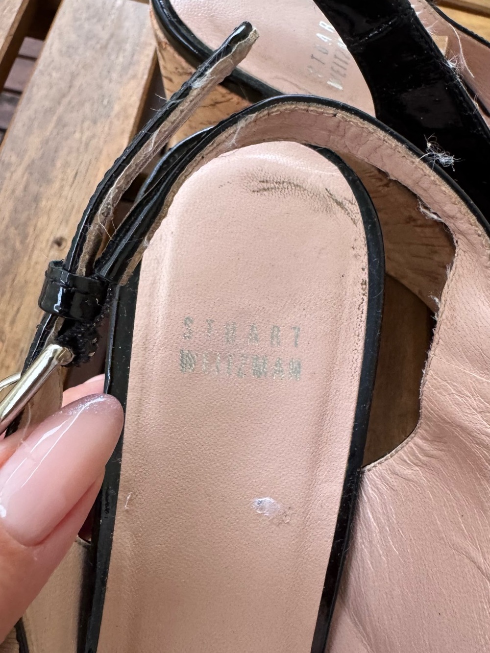 Stuart Weitzman Black Patent Peep-Toe Slingback Wedges - Picture 3 of 8